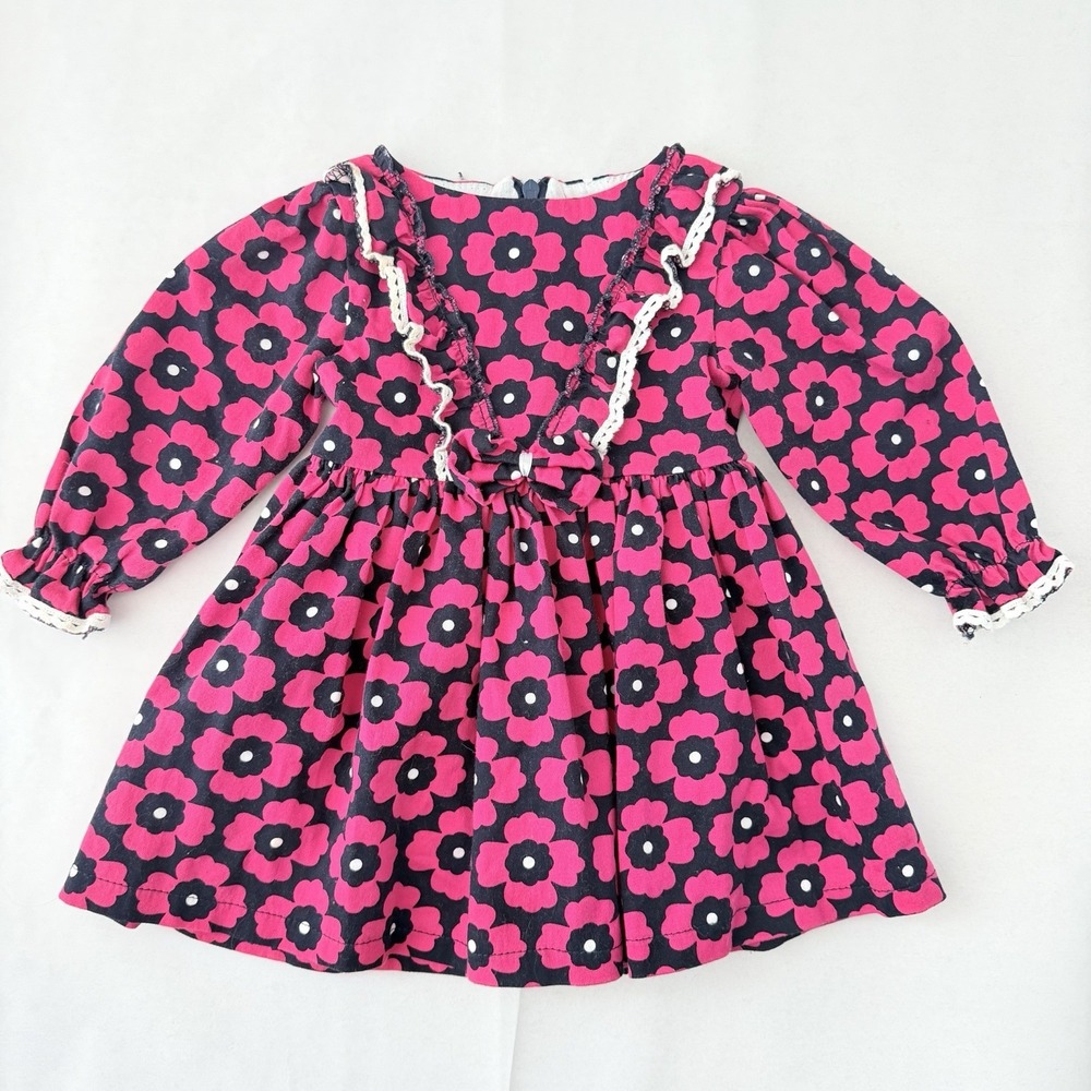 Vintage Baby Girl Mod Floral Dress Pink Black Lace Trim Puff Sleeve 12-18M